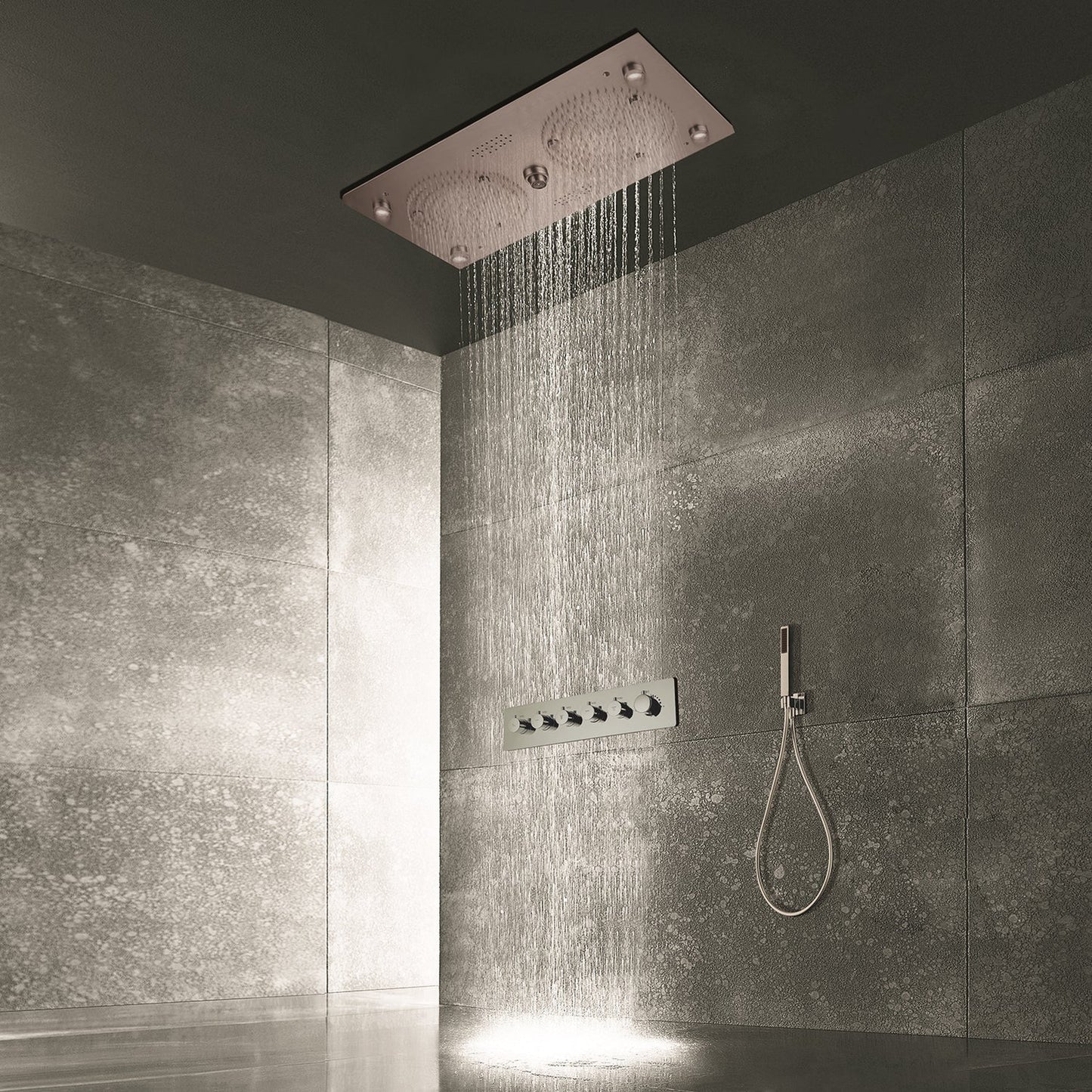 Fontana Brushed Nickel Recessed Ceiling Mounted Thermostatic Rainfall LED Shower System With Hand Shower