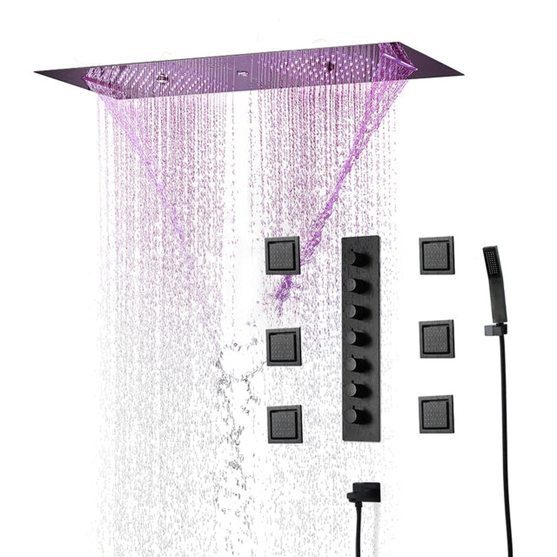 Fontana Cagliari Matte Black Recessed Ceiling Mounted Phone Controlled Thermostatic Musical LED Rainfall Shower System With 6-Jet Body Sprays and Hand Shower
