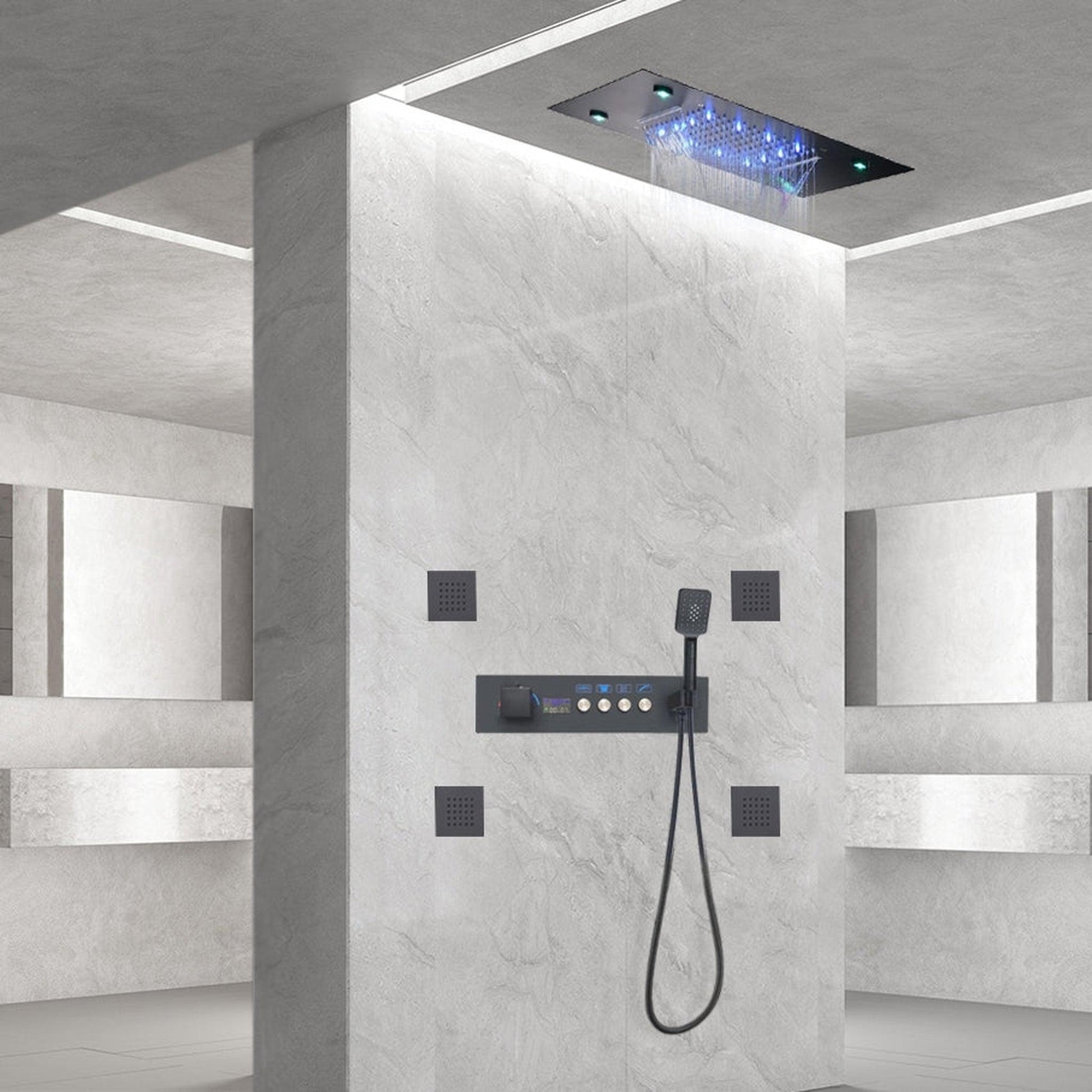 Fontana Cagliari Matte Black Recessed Ceiling Mounted Thermostatic LED Waterfall Rainfall Shower System With 6-Body Jets and Hand Shower
