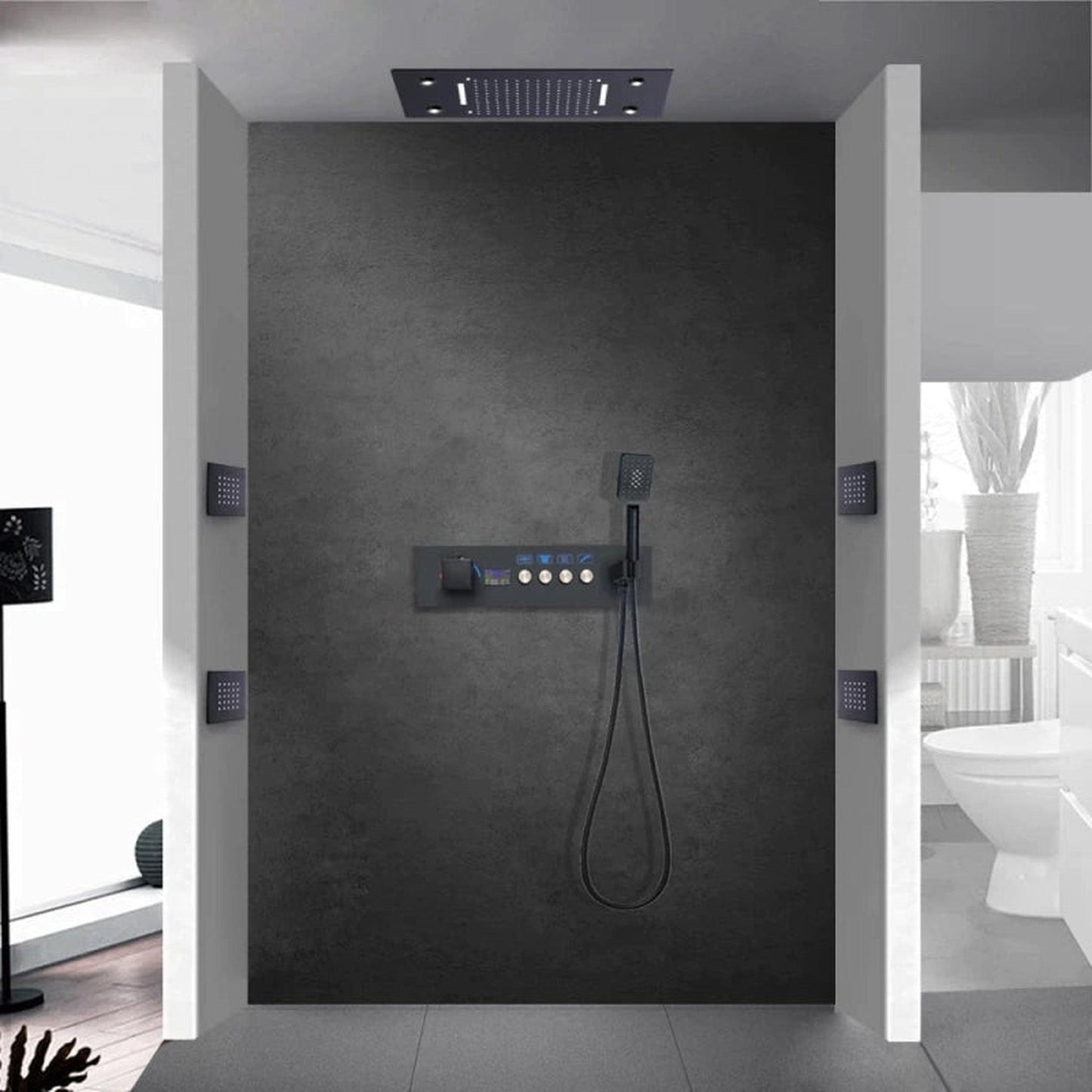 Fontana Cagliari Matte Black Recessed Ceiling Mounted Thermostatic LED Waterfall Rainfall Shower System With 6-Body Jets and Hand Shower