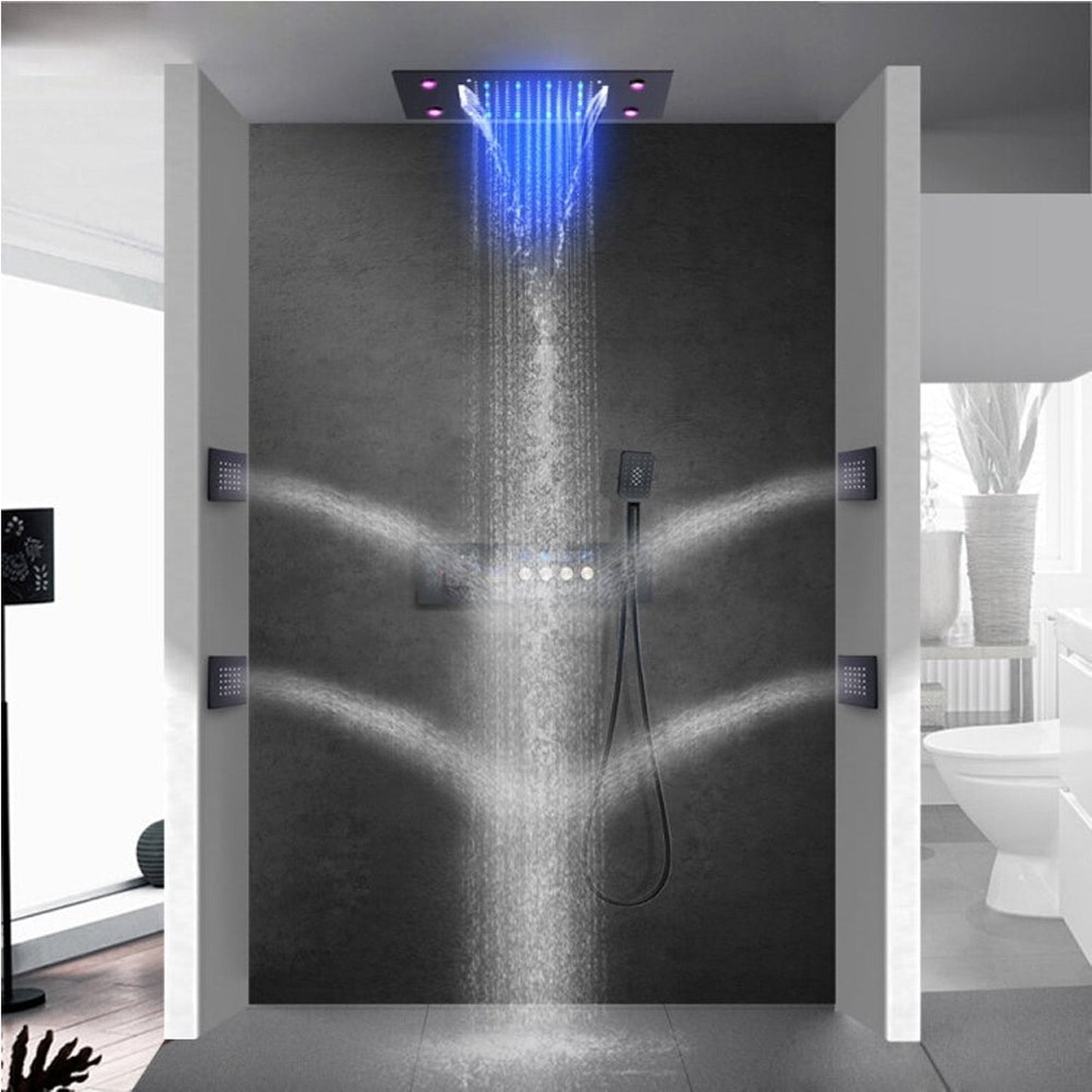 Fontana Cagliari Matte Black Recessed Ceiling Mounted Thermostatic LED Waterfall Rainfall Shower System With 6-Body Jets and Hand Shower