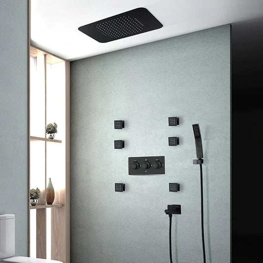 Fontana Carpi Matte Black Ceiling Mounted Phone Controlled Music Smart LED Rainfall Waterfall Shower System With Massage Jets and Hand Shower