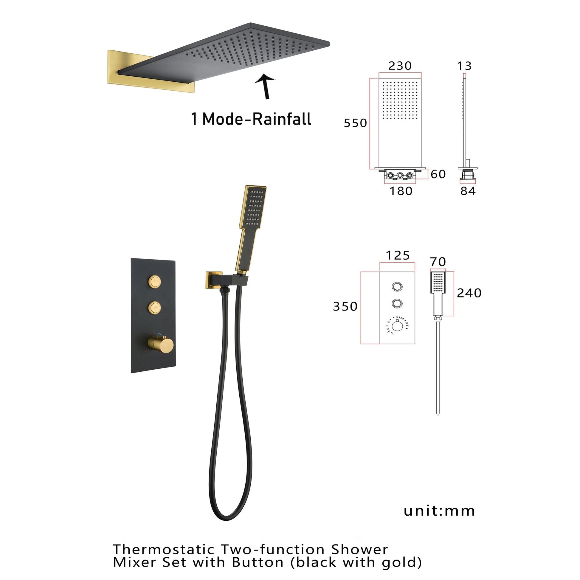 Fontana Catania Matte Black/Gold Wall-Mounted 2-Functions Rainfall Shower System With Hand Shower