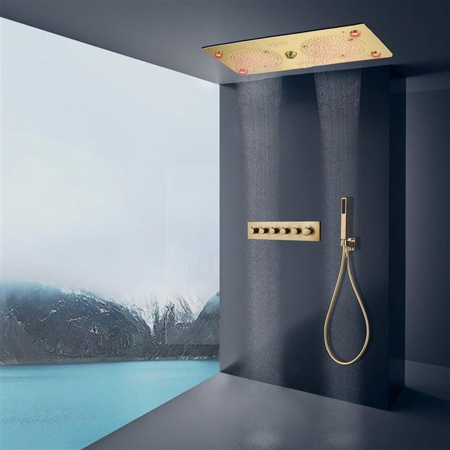 Fontana Cesena Brushed Gold Recessed Ceiling Mounted Thermostatic LED Rainfall Musical Shower System With Hand Shower