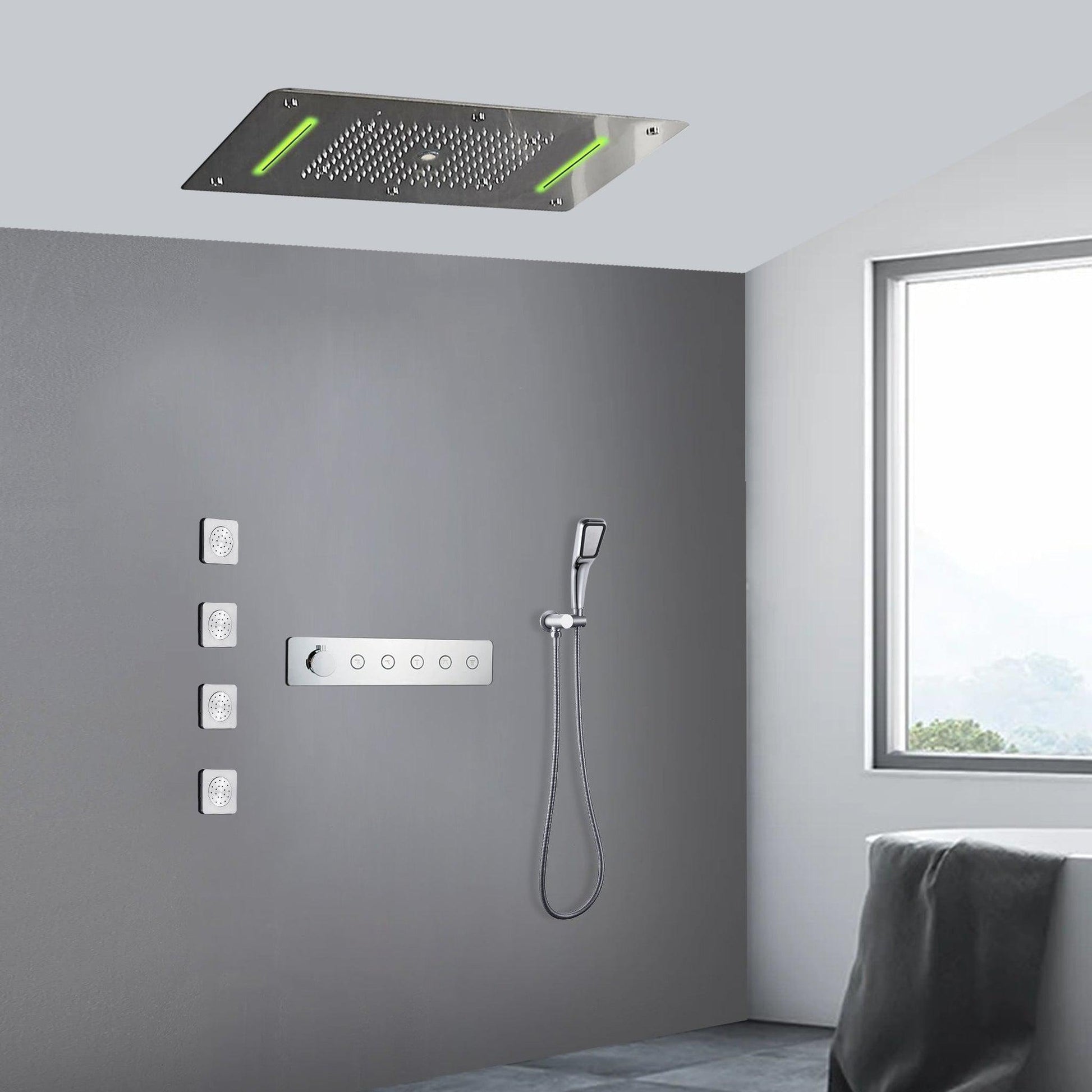 Fontana Cesena Chrome Recessed Ceiling Mounted Thermostatic LED Rainfall, Waterfall & Mist Massage Luxury Shower System With Hand Shower and 3-Jet Body Sprays