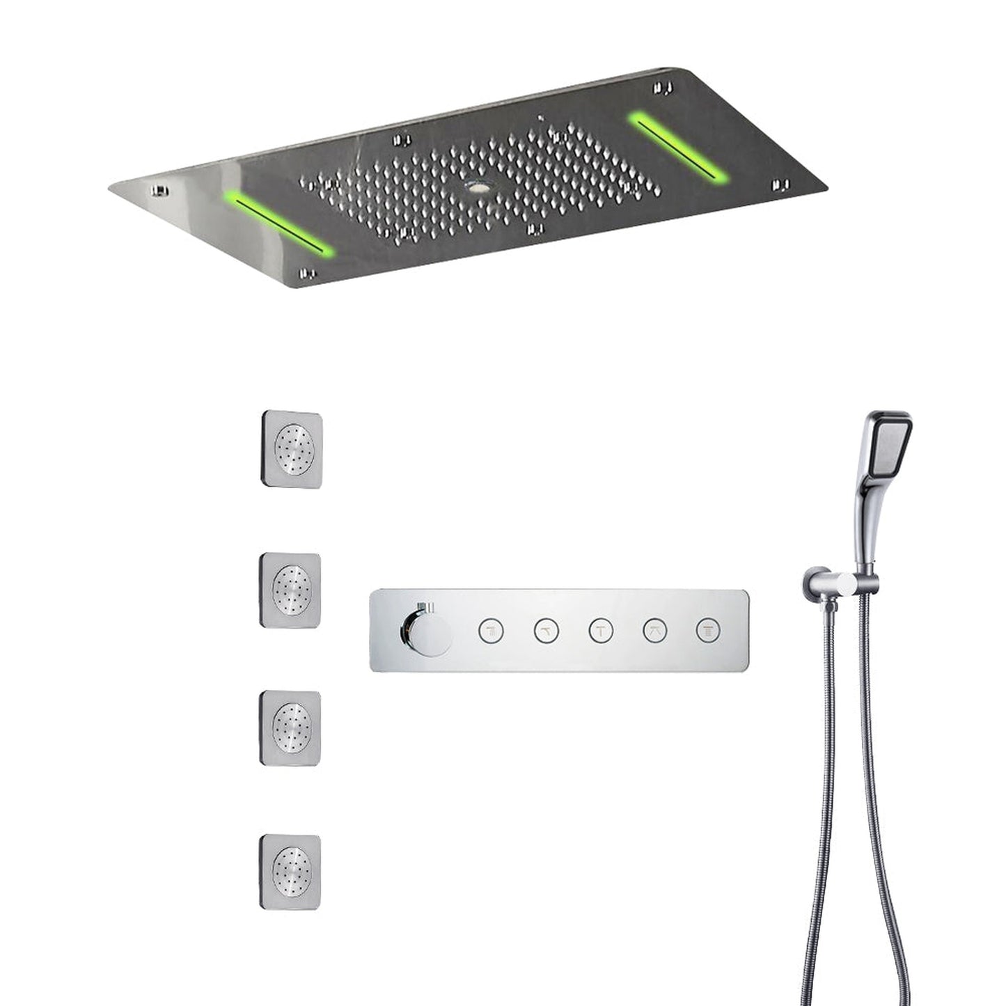 Fontana Cesena Chrome Recessed Ceiling Mounted Thermostatic LED Rainfall, Waterfall & Mist Massage Luxury Shower System With Hand Shower and 3-Jet Body Sprays