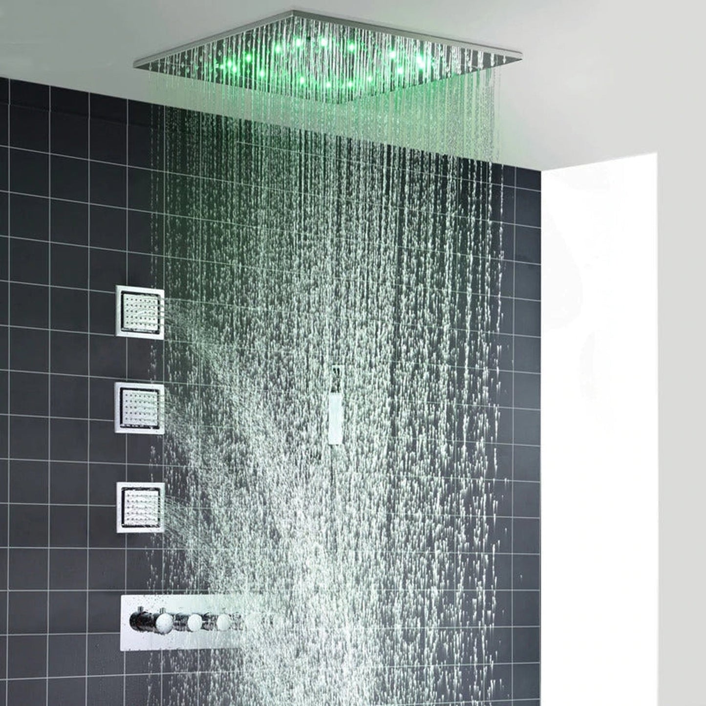 Fontana Chatou Chrome Ceiling Mounted LED Changing Rainfall Shower System With 3-Body Jets and Hand Shower