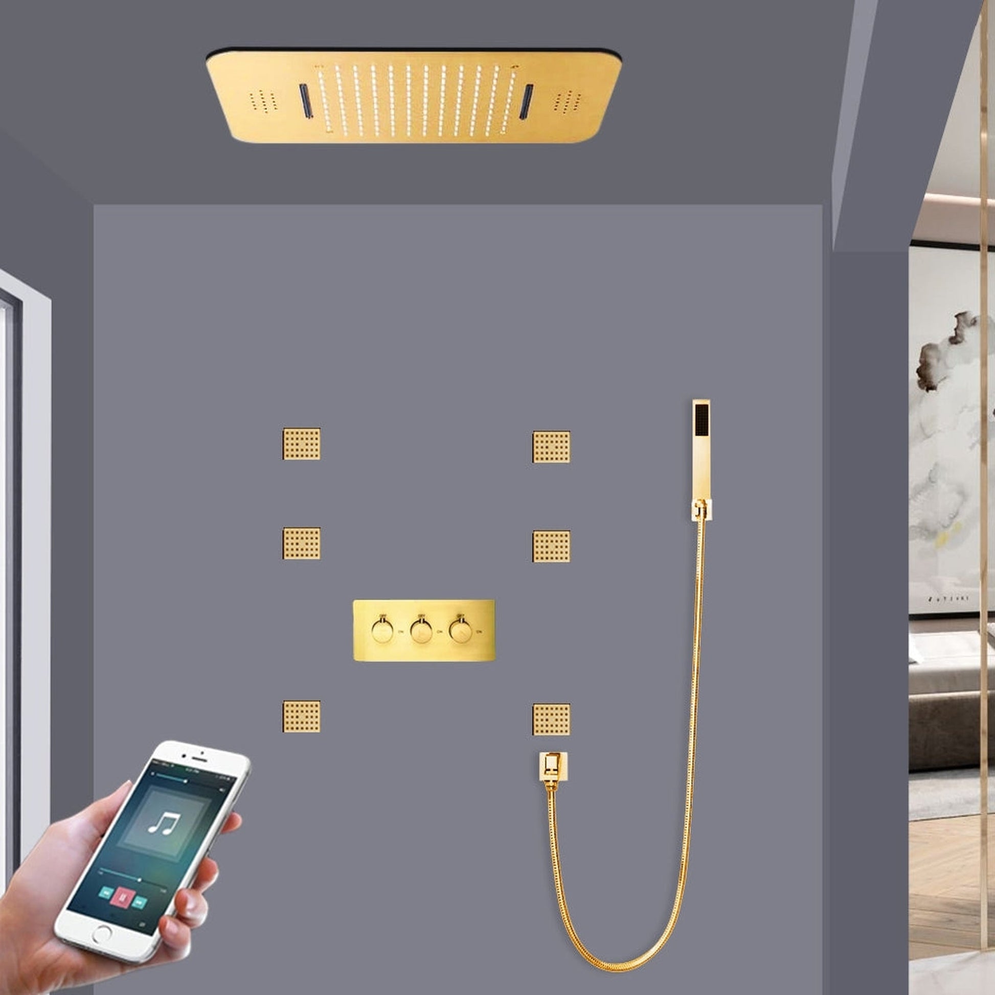 Fontana Chatou Gold Ceiling Mounted Phone Controlled Music System Hot and Cold LED Shower System With 6-Jet Sprays and Hand Shower