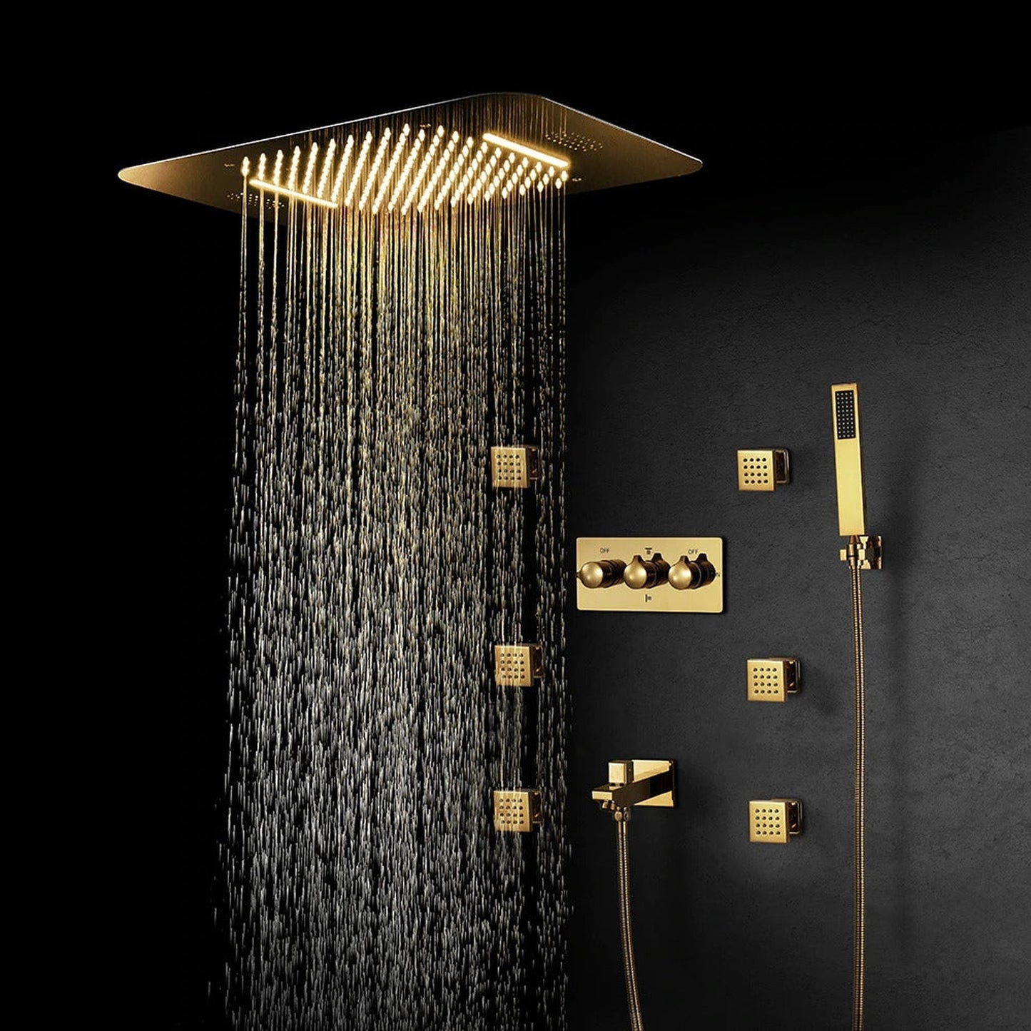 Fontana Chatou Gold Ceiling Mounted Phone Controlled Music System Hot and Cold LED Shower System With 6-Jet Sprays and Hand Shower