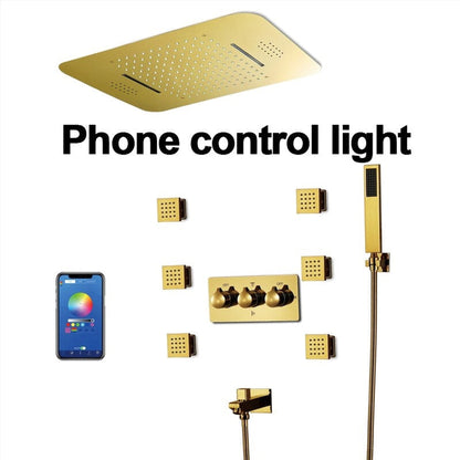 Fontana Chatou Gold Ceiling Mounted Phone Controlled Music System Hot and Cold LED Shower System With 6-Jet Sprays and Hand Shower