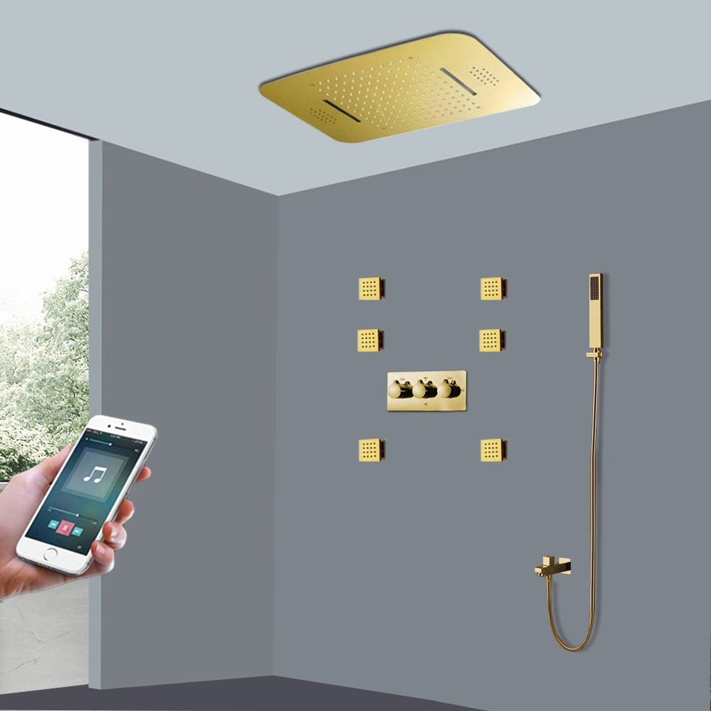 Fontana Chatou Gold Ceiling Mounted Phone Controlled Music System Hot and Cold LED Shower System With 6-Jet Sprays and Hand Shower