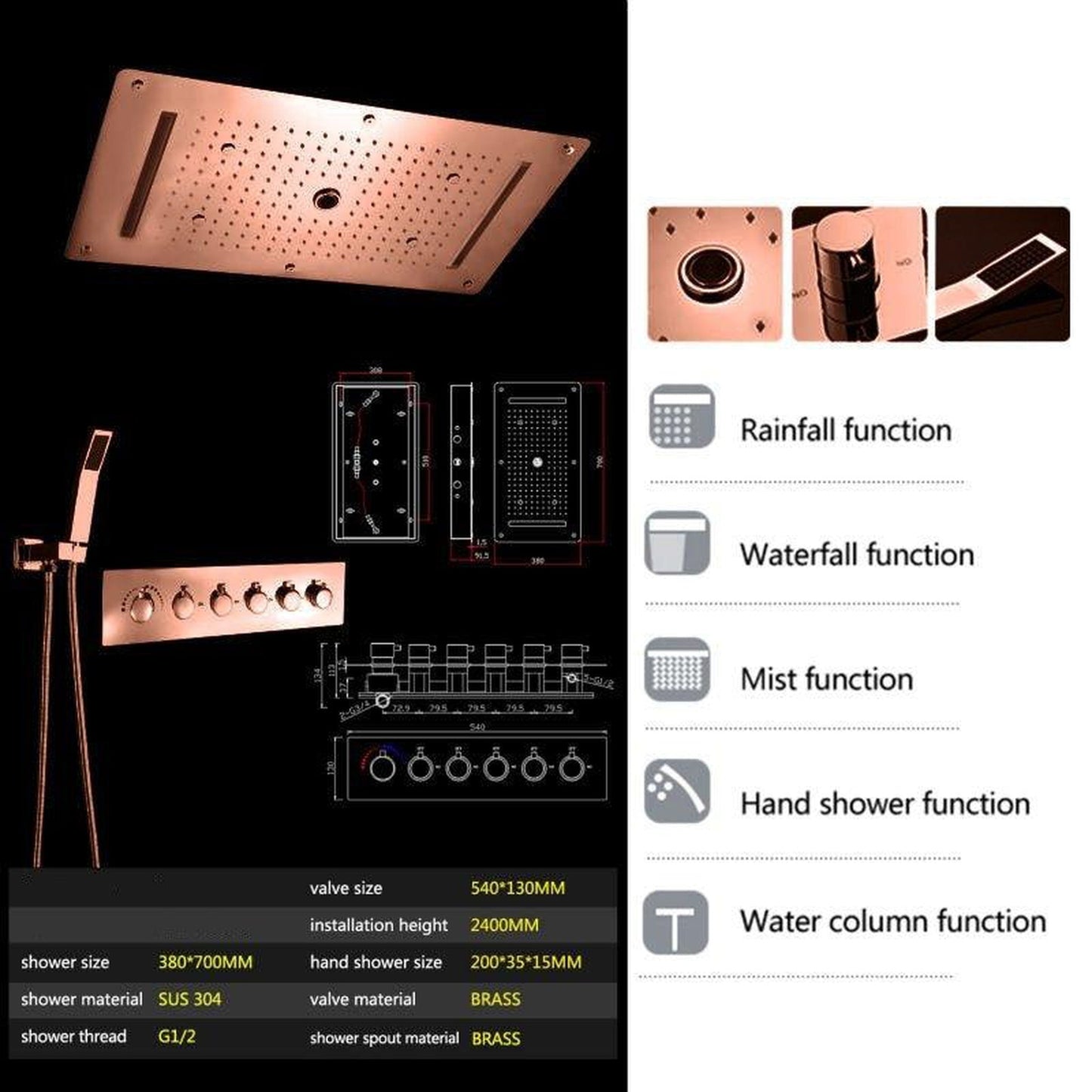 Fontana Creative Luxury Light Oil Rubbed Bronze Rectangular Amazing Relaxation Wide Ceiling Mounted LED Multiple Bath Shower System With Hand Shower