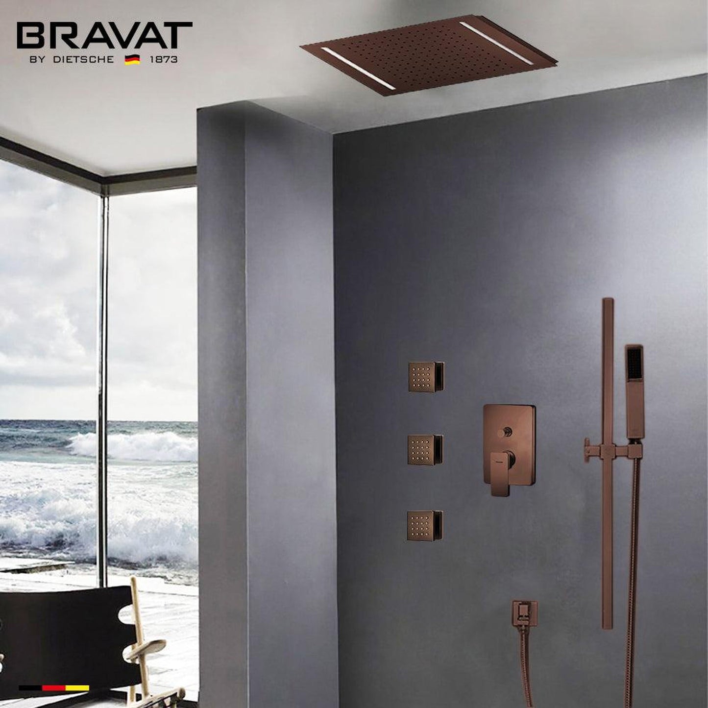 Fontana Creative Luxury Light Oil Rubbed Bronze Rectangular Ceiling Mounted Bravat LED Touch Control Rainfall Shower System With 3-Jet Body Sprays and Hand Shower