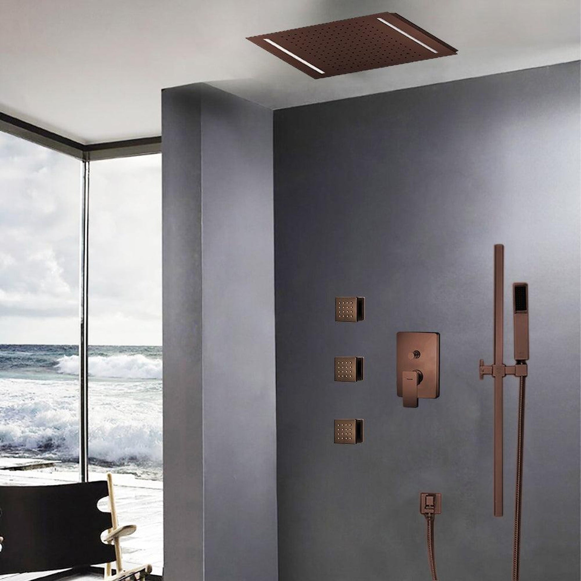 Fontana Creative Luxury Light Oil Rubbed Bronze Rectangular Ceiling Mounted Bravat LED Touch Control Rainfall Shower System With 3-Jet Body Sprays and Hand Shower