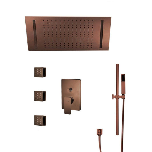 Fontana Creative Luxury Light Oil Rubbed Bronze Rectangular Ceiling Mounted Bravat LED Touch Control Rainfall Shower System With 3-Jet Body Sprays and Hand Shower