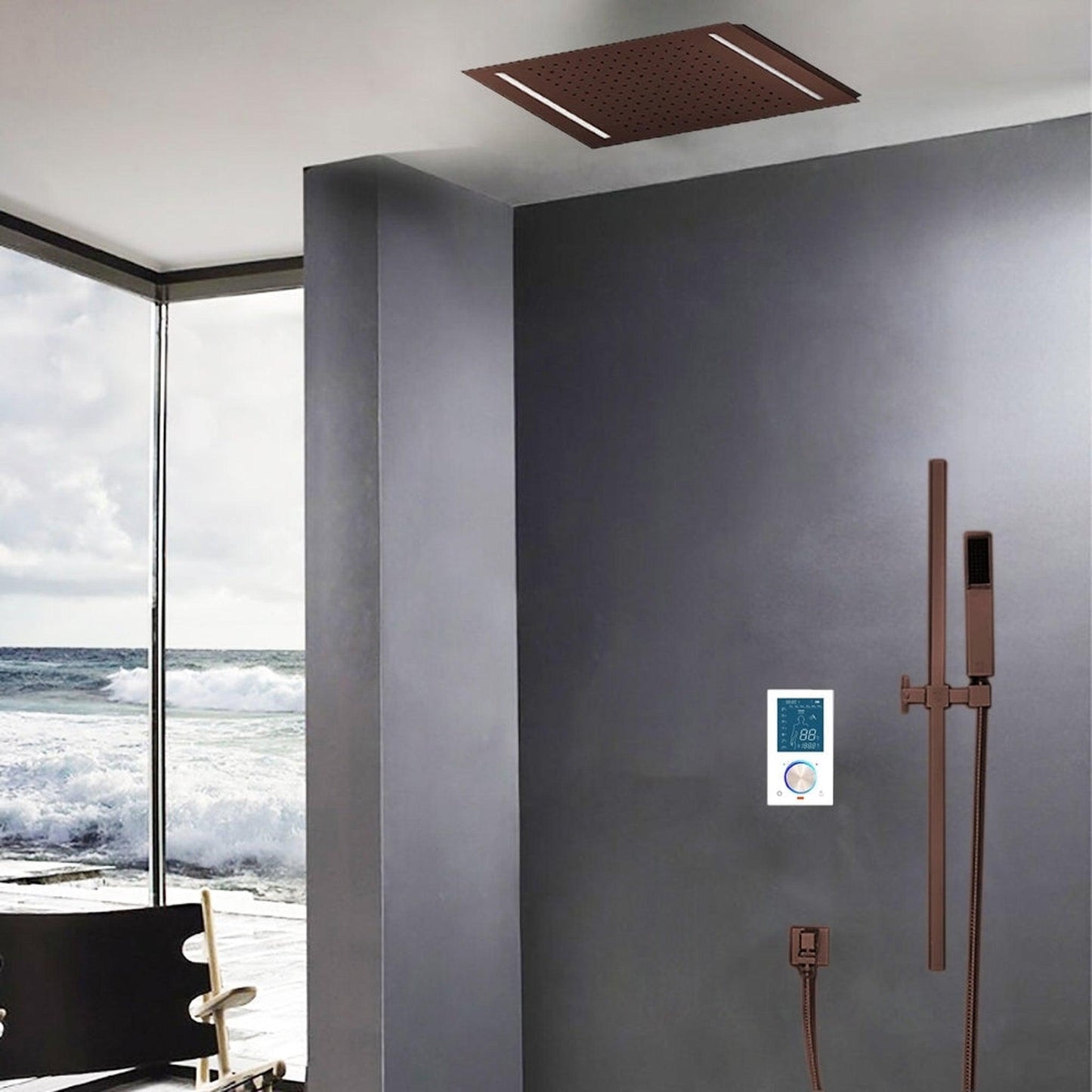 Fontana Creative Luxury Light Oil Rubbed Bronze Rectangular Ceiling Mounted Rainfall Smart Shower System With LED Touch Control and Hand Shower