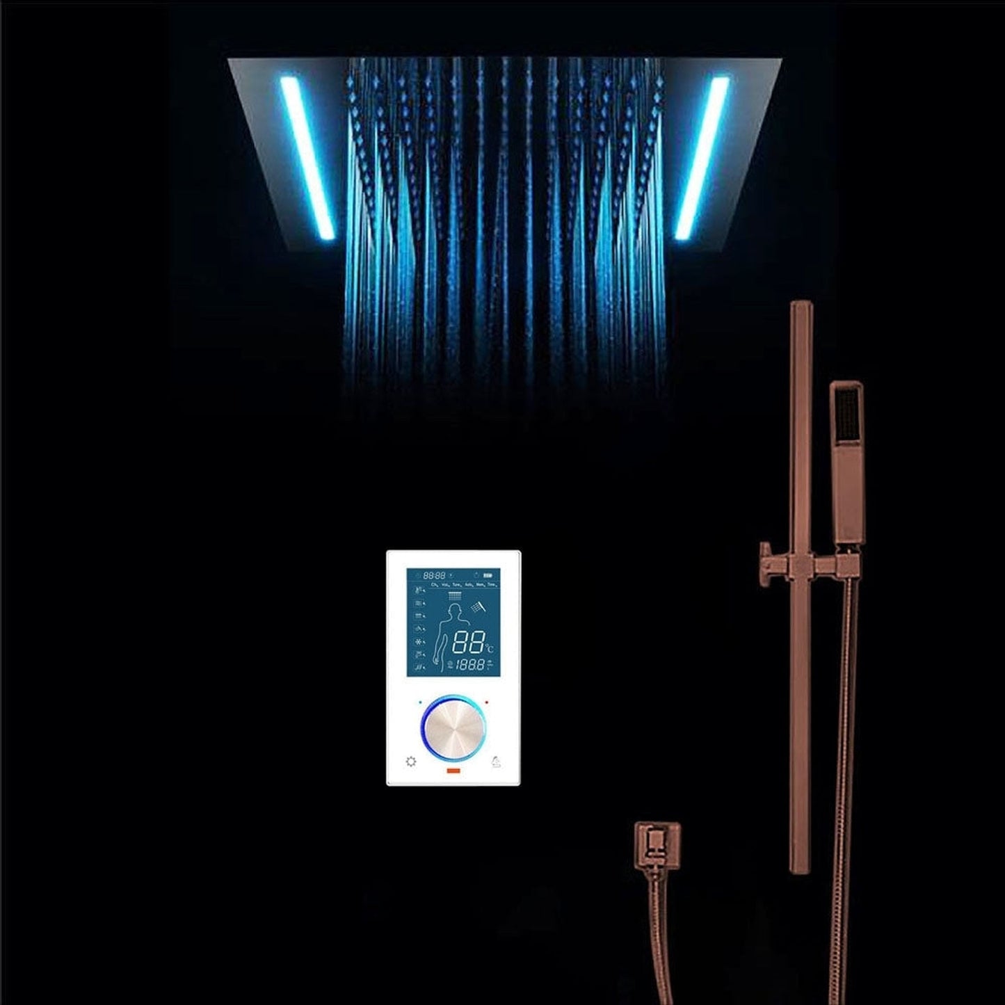 Fontana Creative Luxury Light Oil Rubbed Bronze Rectangular Ceiling Mounted Rainfall Smart Shower System With LED Touch Control and Hand Shower