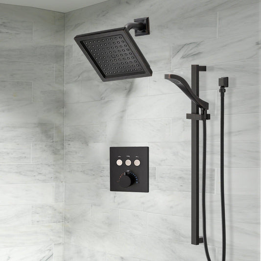 Fontana Creative Luxury Matte Black Square Wall-Mounted Shower Head Rainfall Shower System With 3-Way Touch Button Thermostatic Concealed Brass Mixer and Hand Shower