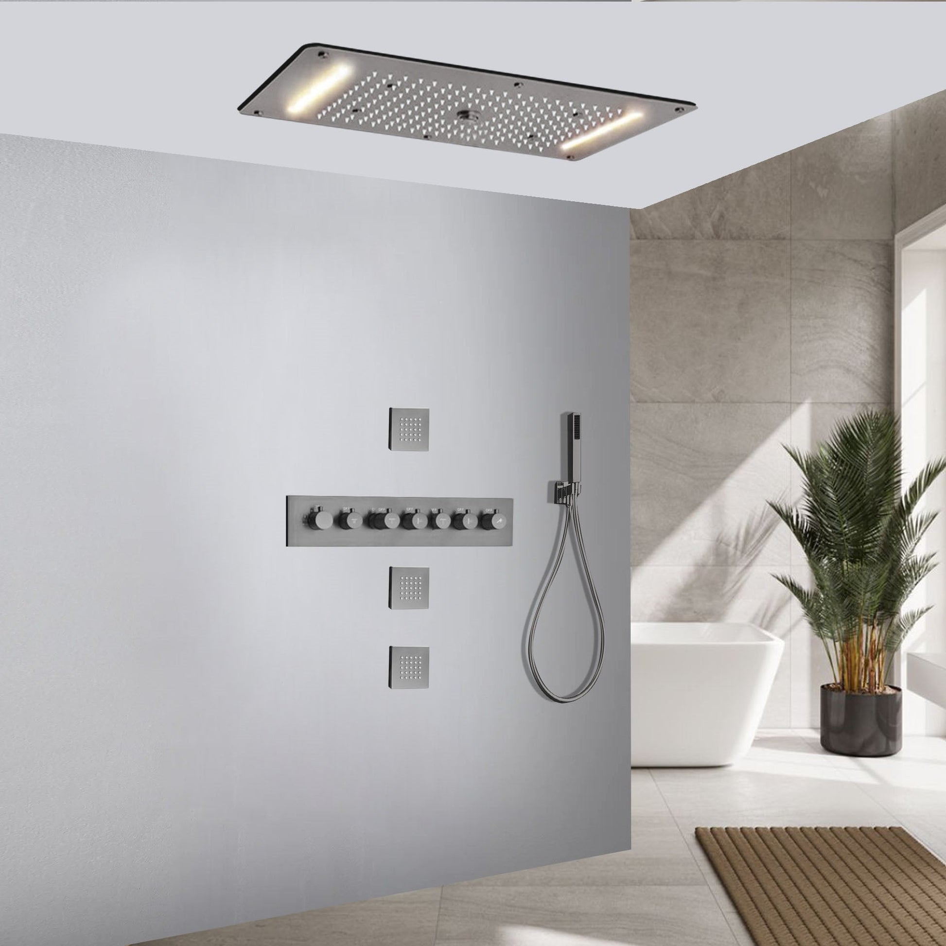 Fontana Cremona Brushed Nickel Recessed Ceiling Mounted Thermostatic LED Waterfall Rainfall Shower System With Hand Shower and 3-Jet Body Sprays