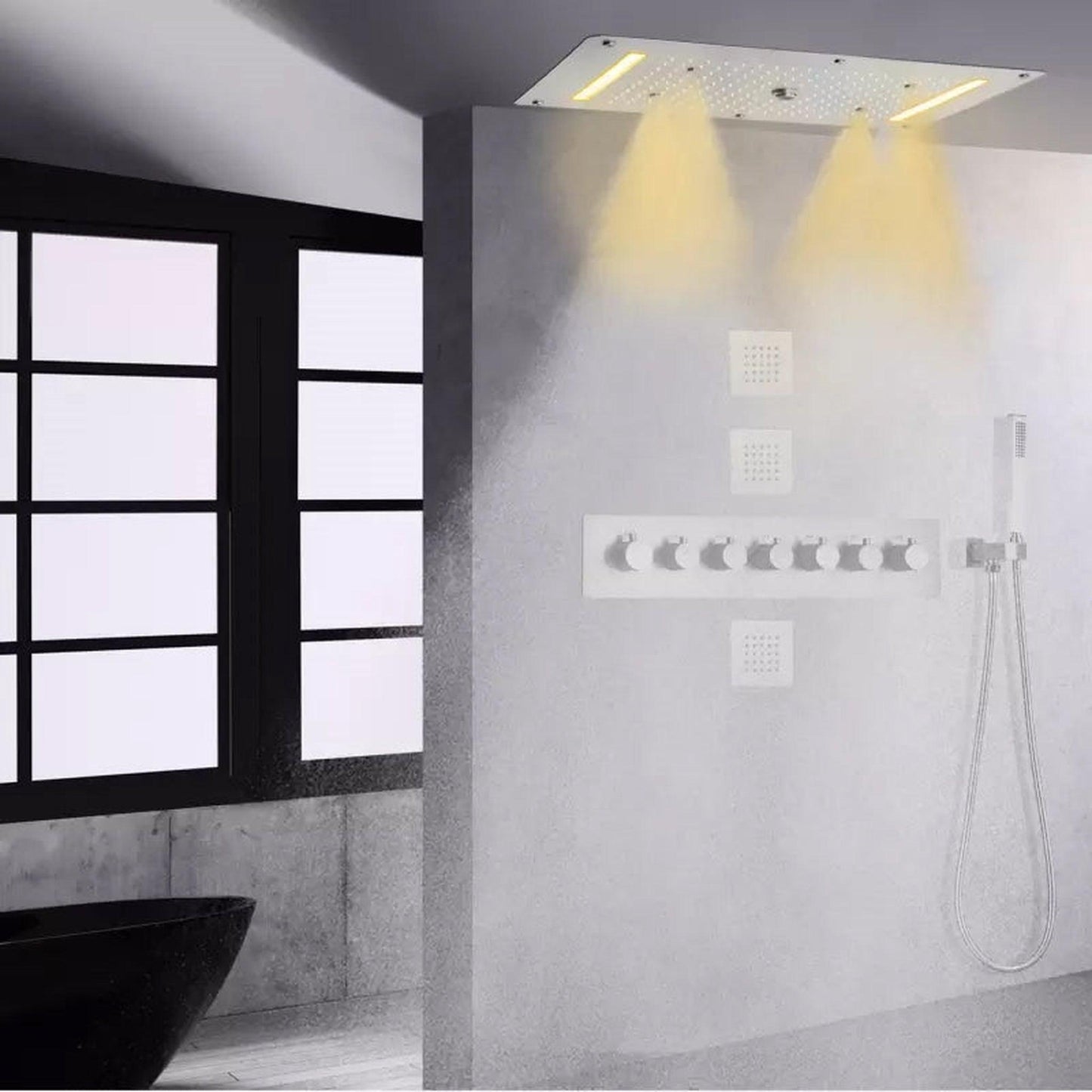 Fontana Cremona Brushed Nickel Recessed Ceiling Mounted Thermostatic LED Waterfall Rainfall Shower System With Hand Shower and 3-Jet Body Sprays