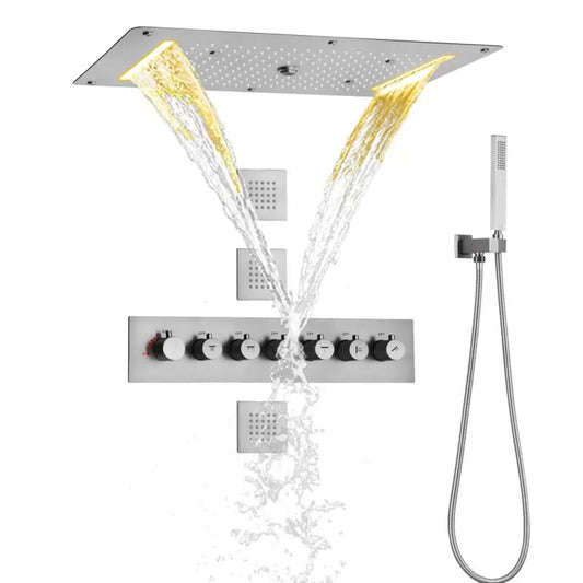 Fontana Cremona Brushed Nickel Recessed Ceiling Mounted Thermostatic LED Waterfall Rainfall Shower System With Hand Shower and 3-Jet Body Sprays