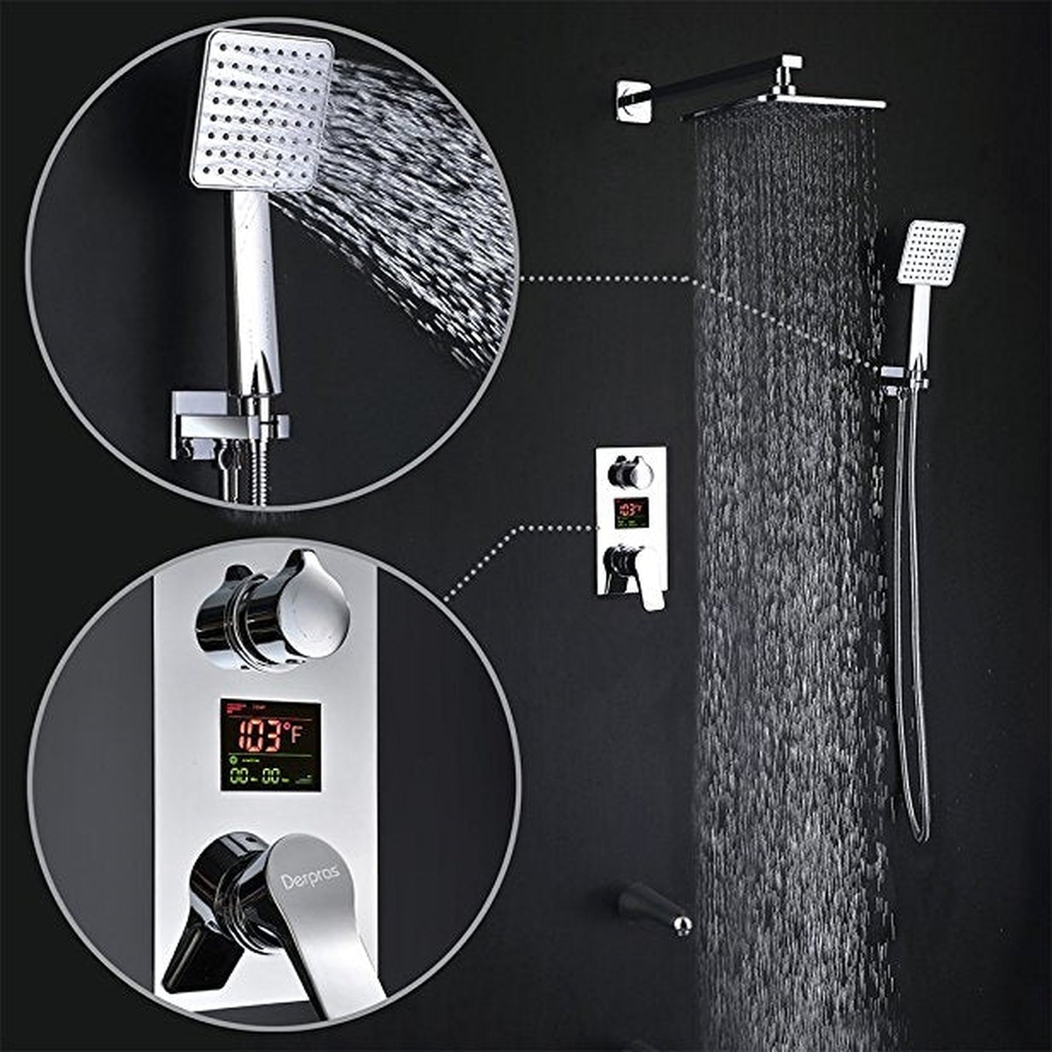 Fontana Crotone Chrome Wall-Mounted LED Digital Display 3 Way Shower S ...