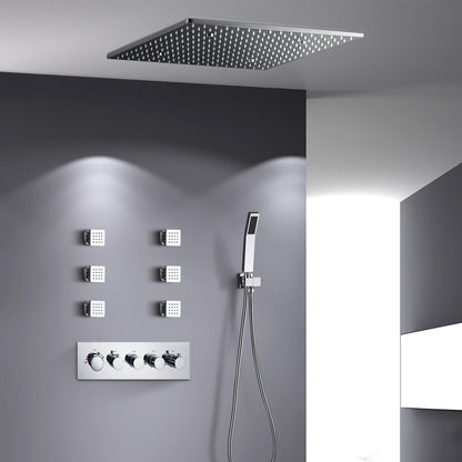 Fontana Deauville Chrome Ceiling Mounted Thermostatic LED Rainfall Shower System With 6-Body Jets and Hand Shower