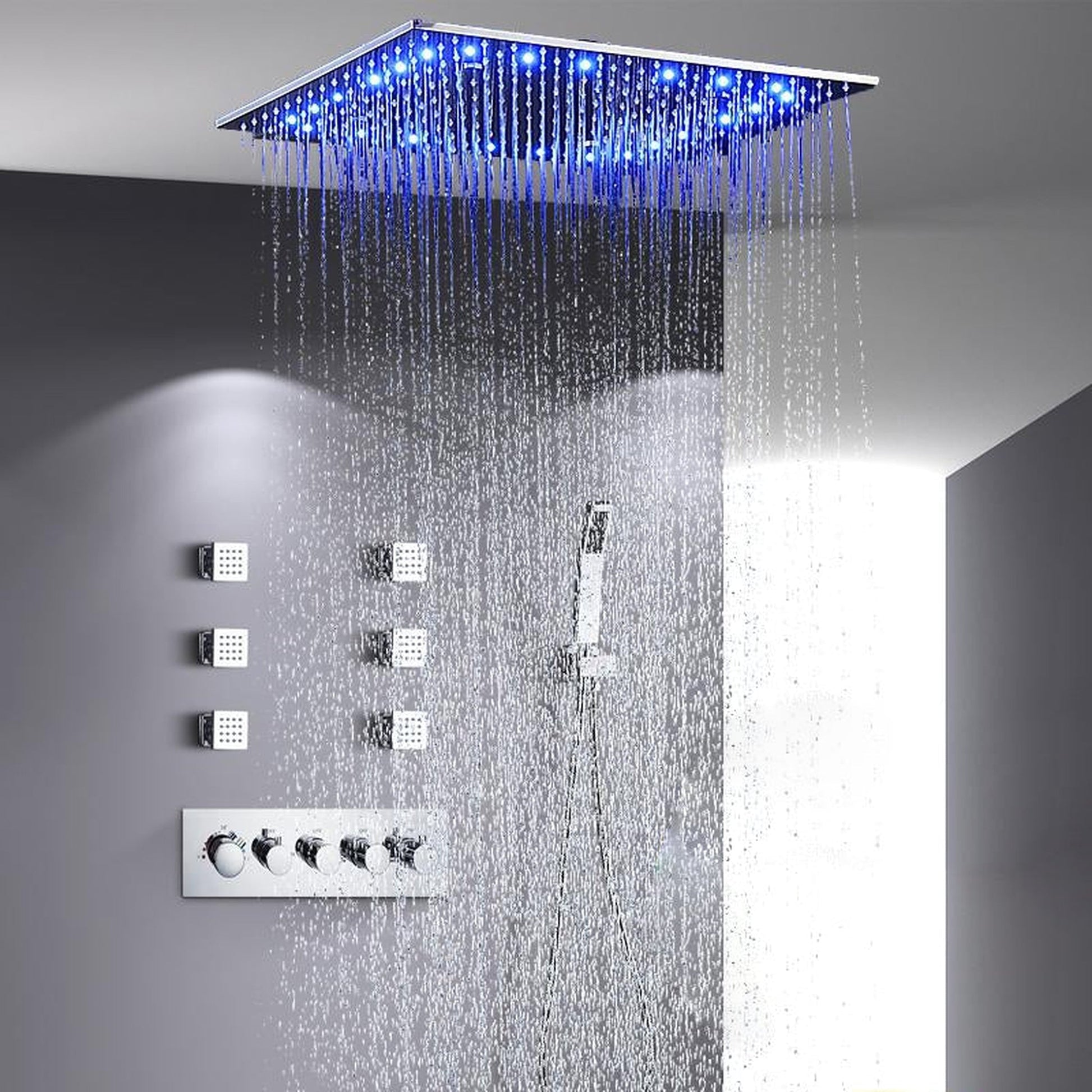 Fontana Deauville Chrome Ceiling Mounted Thermostatic LED Rainfall Shower System With 6-Body Jets and Hand Shower