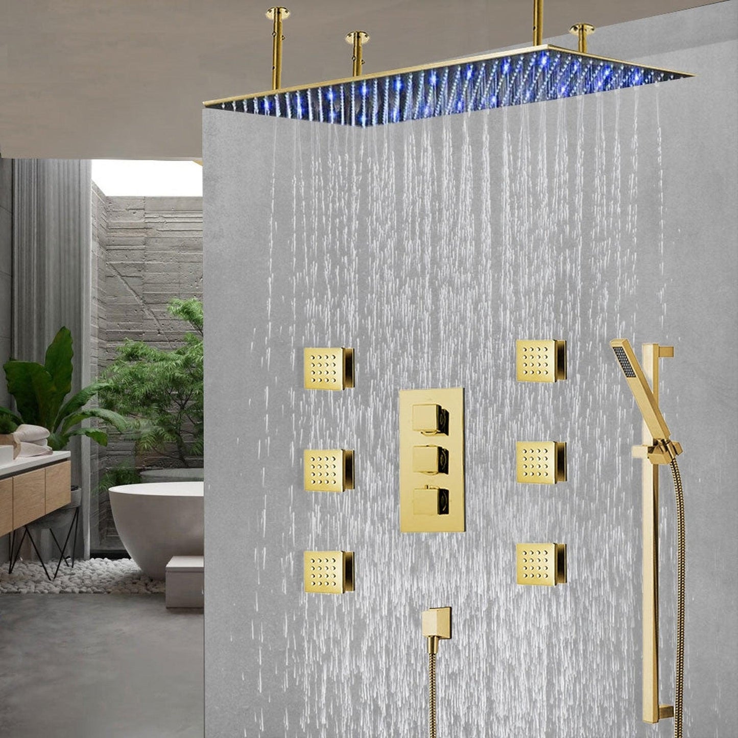 Fontana Diadema Creative Luxury Large Brushed Gold Rectangular Ceiling Mounted LED Solid Brass Shower Head Rain Shower System With 6-Jet Body Sprays and Hand Shower