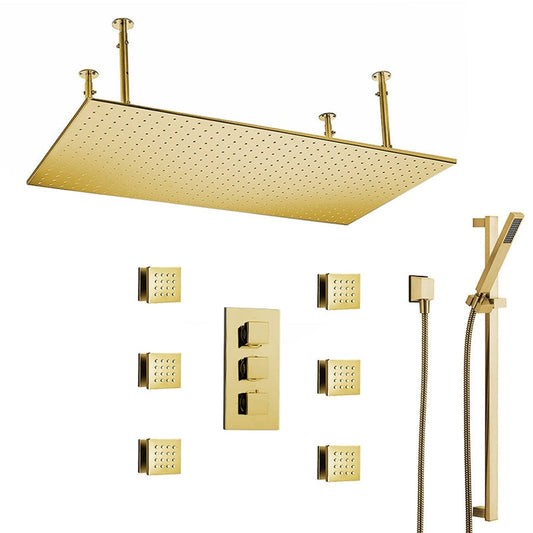 Fontana Diadema Creative Luxury Large Brushed Gold Rectangular Ceiling Mounted LED Solid Brass Shower Head Rain Shower System With 6-Jet Body Sprays and Hand Shower