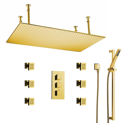 Fontana Diadema Creative Luxury Large Gold Rectangular Ceiling Mounted LED Solid Brass Shower Head Rain Shower System With 6-Jet Body Sprays and Hand Shower