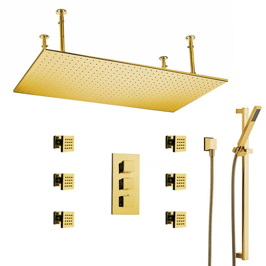 Fontana Diadema Creative Luxury Large Gold Rectangular Ceiling Mounted LED Solid Brass Shower Head Rain Shower System With 6-Jet Body Sprays and Hand Shower