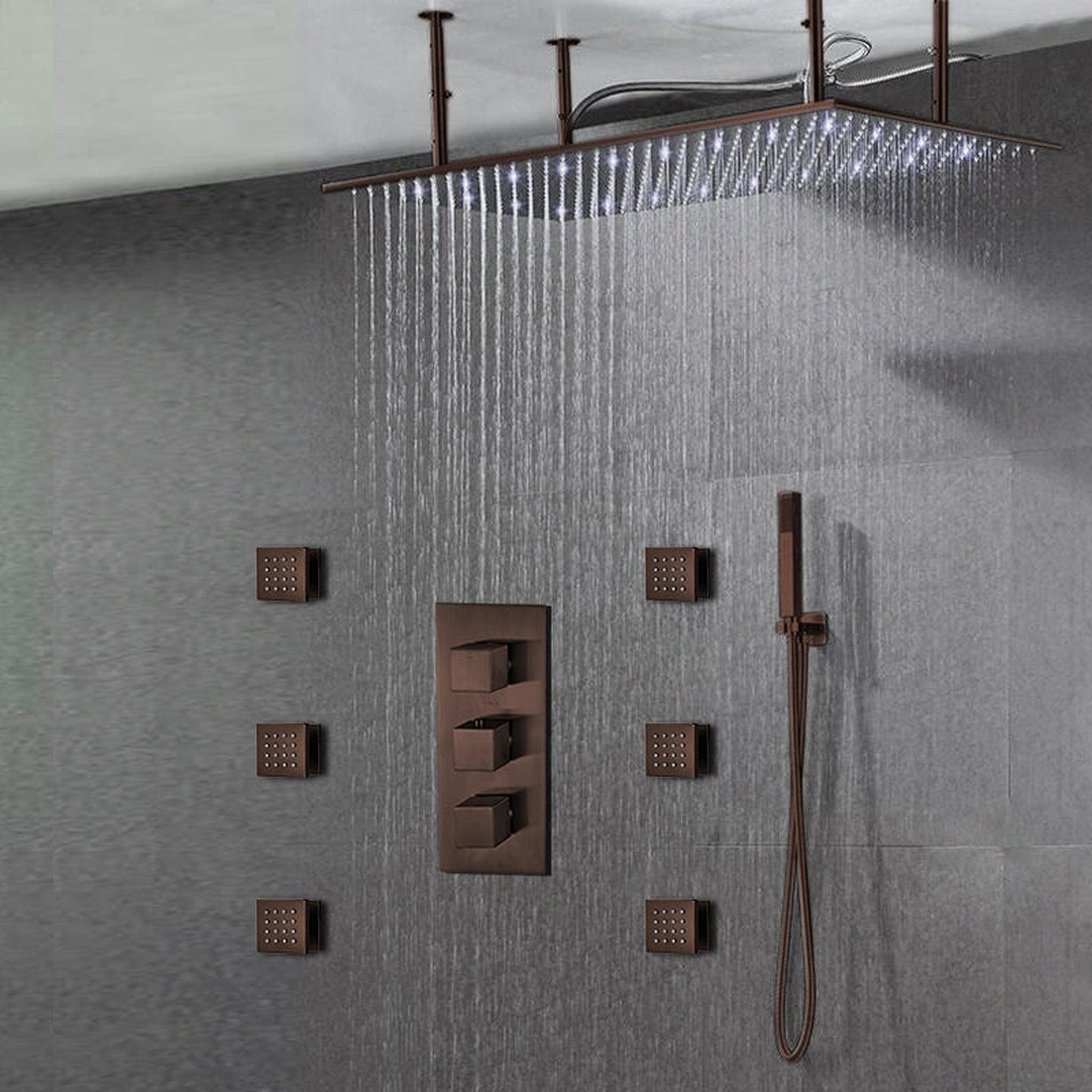 Fontana Diadema Creative Luxury Large Light Oil Rubbed Bronze Rectangular Ceiling Mounted LED Solid Brass Shower Head Rain Shower System With 6-Jet Body Sprays and Hand Shower