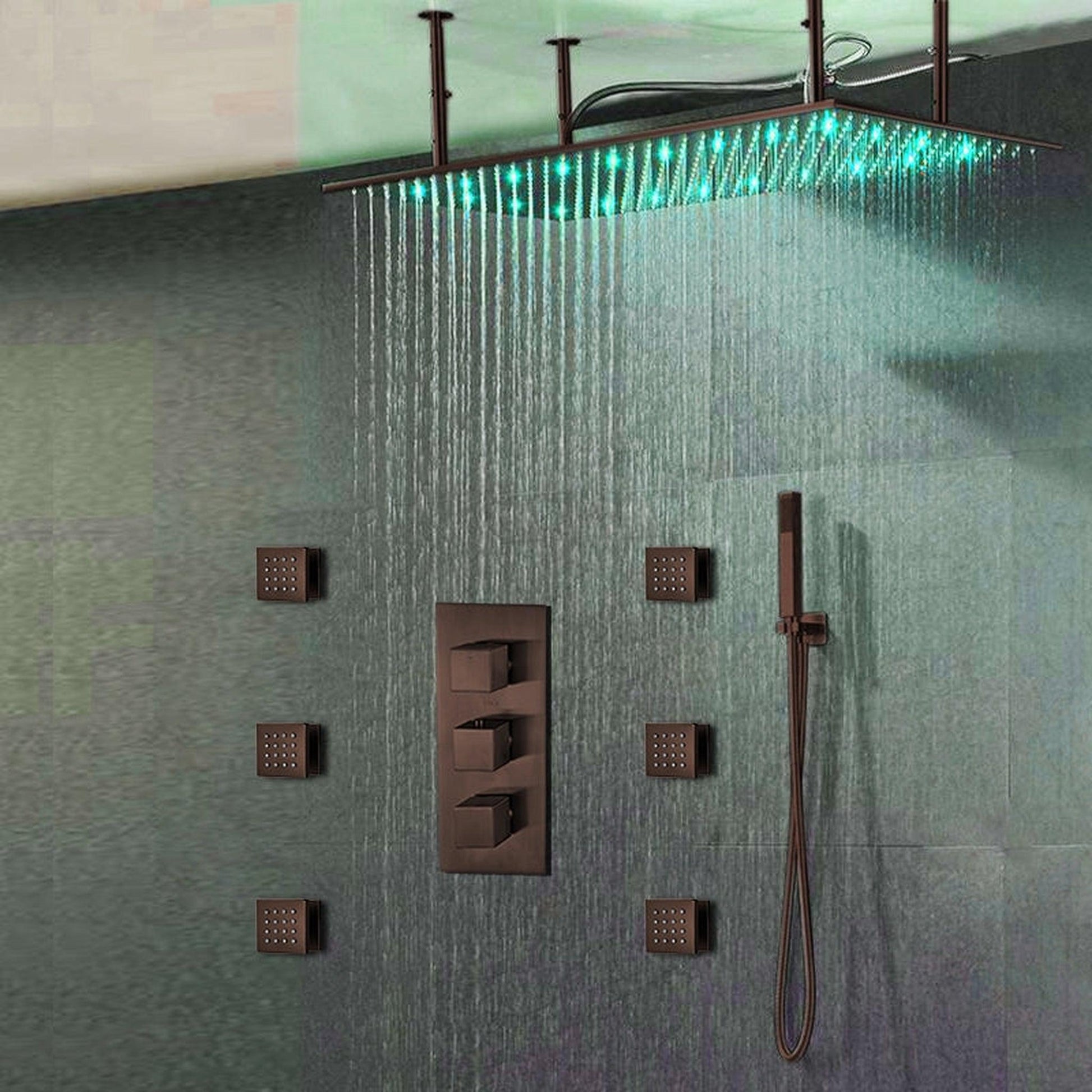 Fontana Diadema Creative Luxury Large Light Oil Rubbed Bronze Rectangular Ceiling Mounted LED Solid Brass Shower Head Rain Shower System With 6-Jet Body Sprays and Hand Shower