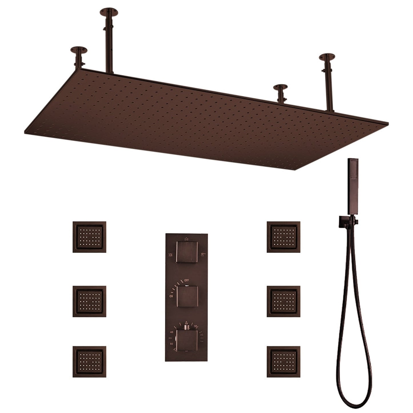 Fontana Diadema Creative Luxury Large Light Oil Rubbed Bronze Rectangular Ceiling Mounted LED Solid Brass Shower Head Rain Shower System With 6-Jet Body Sprays and Hand Shower