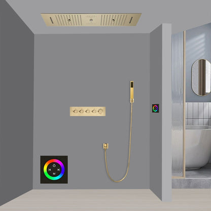 Fontana Florence Brushed Gold Ceiling Mounted Touch Panel Controlled Thermostatic Recessed Smart Musical LED Rainfall Waterfall Shower System With Hand Shower