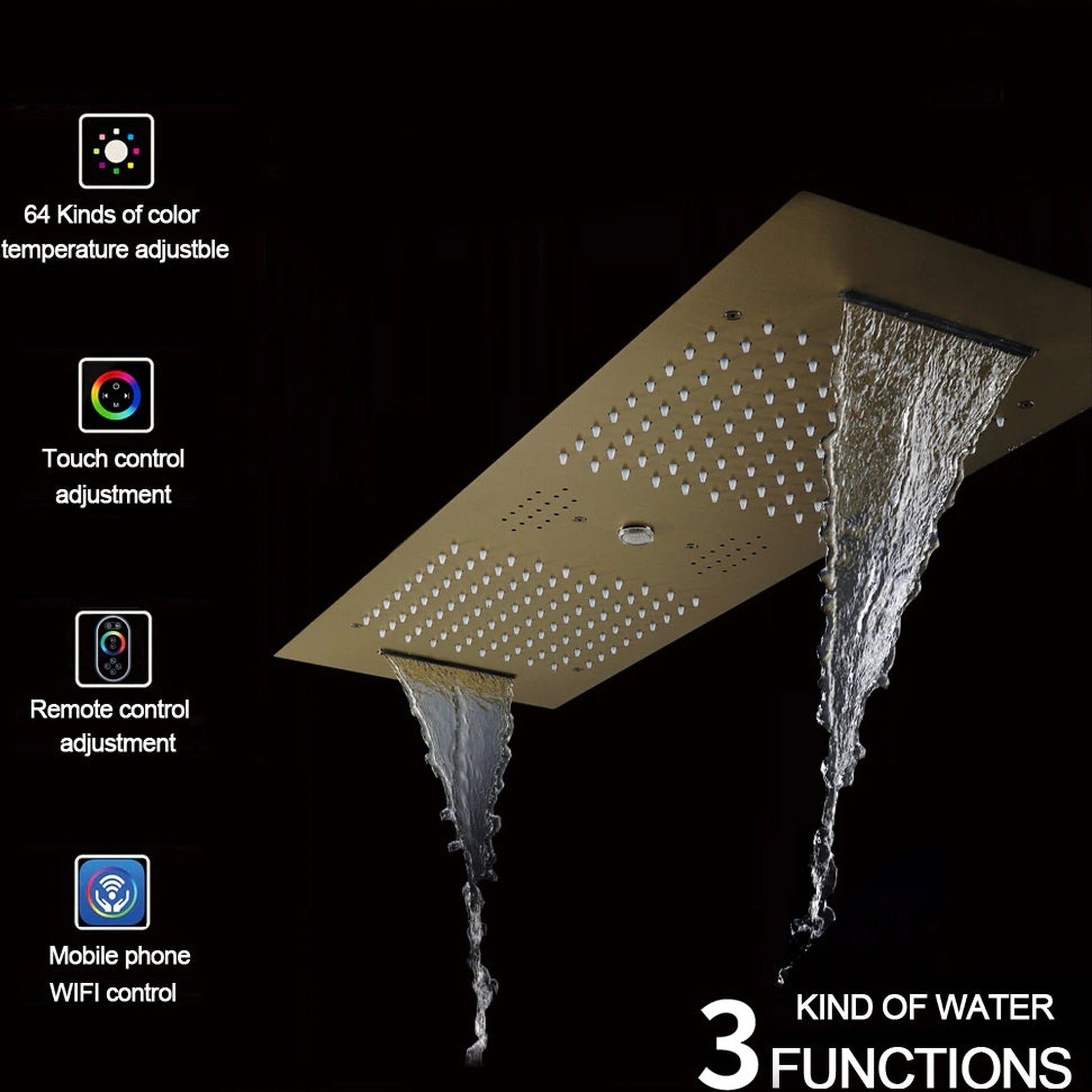 Fontana Florence Brushed Gold Ceiling Mounted Touch Panel Controlled Thermostatic Recessed Smart Musical LED Rainfall Waterfall Shower System With Hand Shower