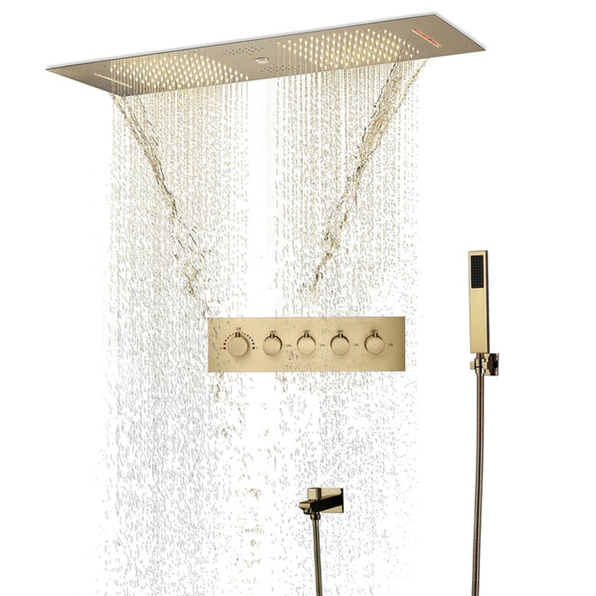 Fontana Florence Brushed Gold Ceiling Mounted Touch Panel Controlled Thermostatic Recessed Smart Musical LED Rainfall Waterfall Shower System With Hand Shower