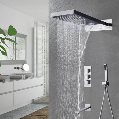 Fontana Florence Chrome Wall-Mounted Waterfall Rainfall Shower System With Hand Shower and Faucet Spout