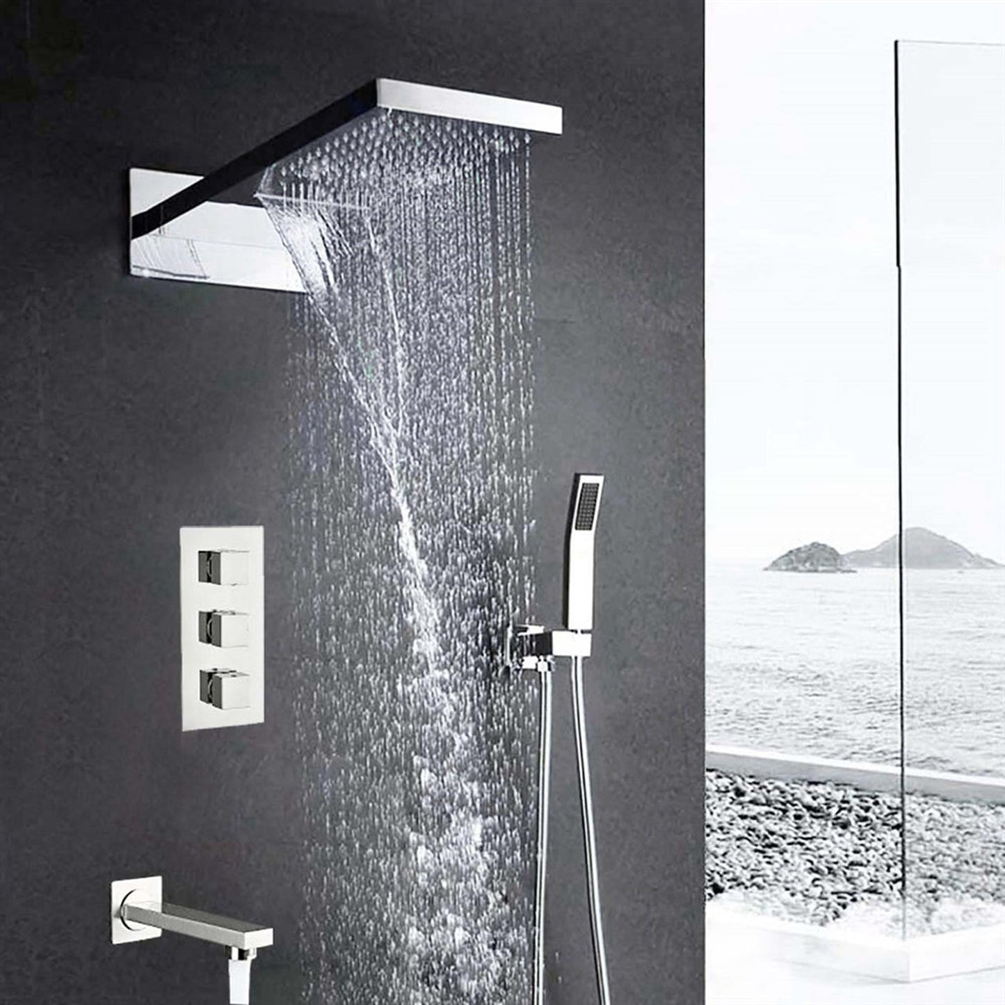 Fontana Florence Chrome Wall-Mounted Waterfall Rainfall Shower System With Hand Shower and Faucet Spout