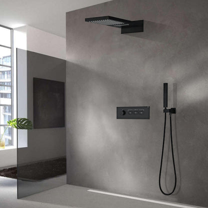 Fontana Florence Matte Black Wall-Mounted 3-Functions Rainfall Waterfall Shower System With Hand Shower