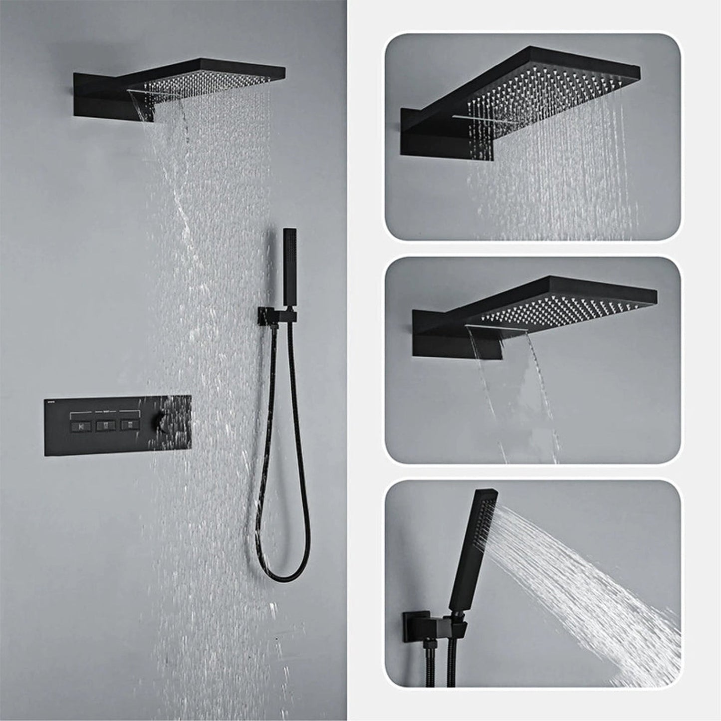 Fontana Florence Matte Black Wall-Mounted 3-Functions Rainfall Waterfall Shower System With Hand Shower
