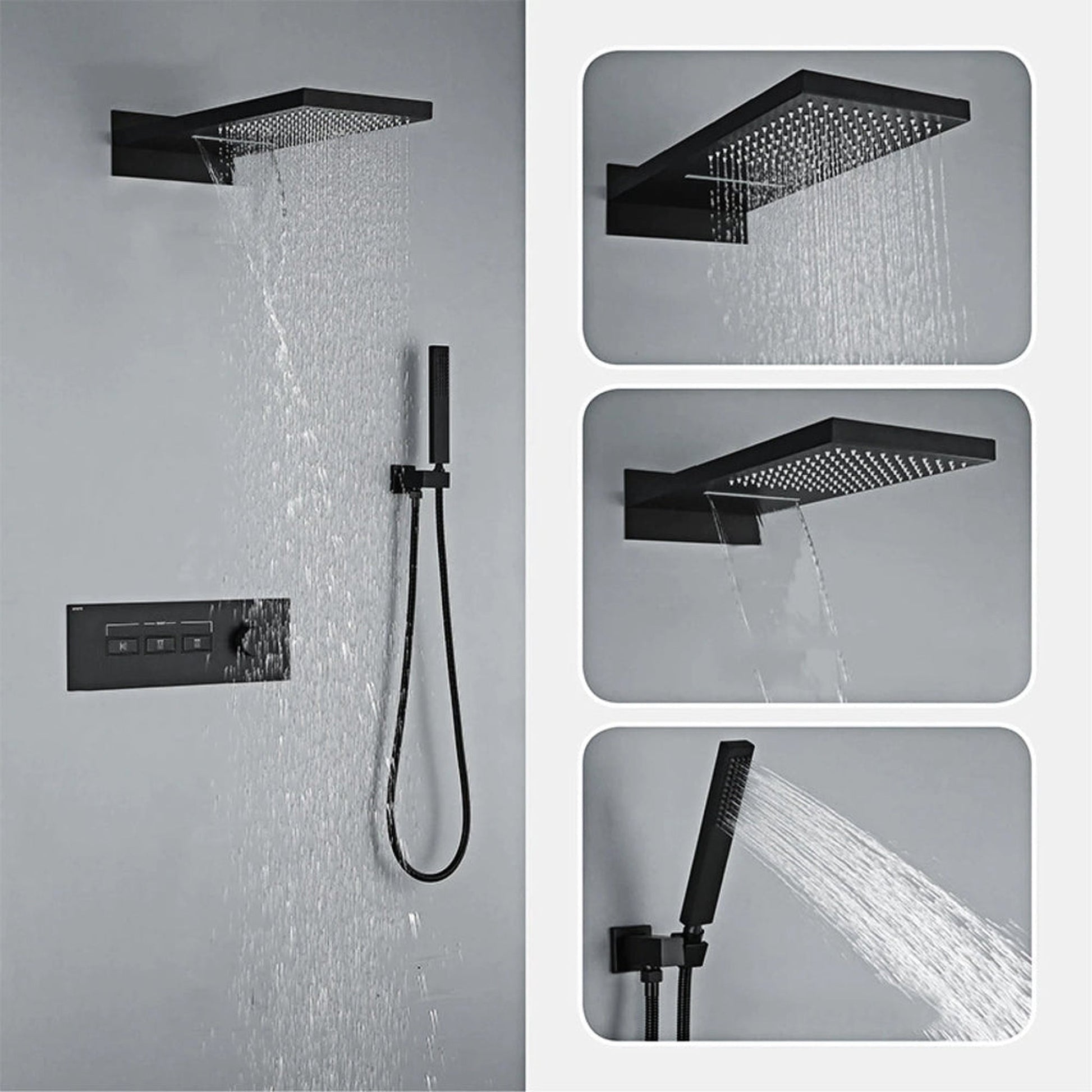 Wall Mounted Thermostatic Shower Waterfall Rain Shower Head Hand Shower Set  Bathroom Solid Brass Black Concealed