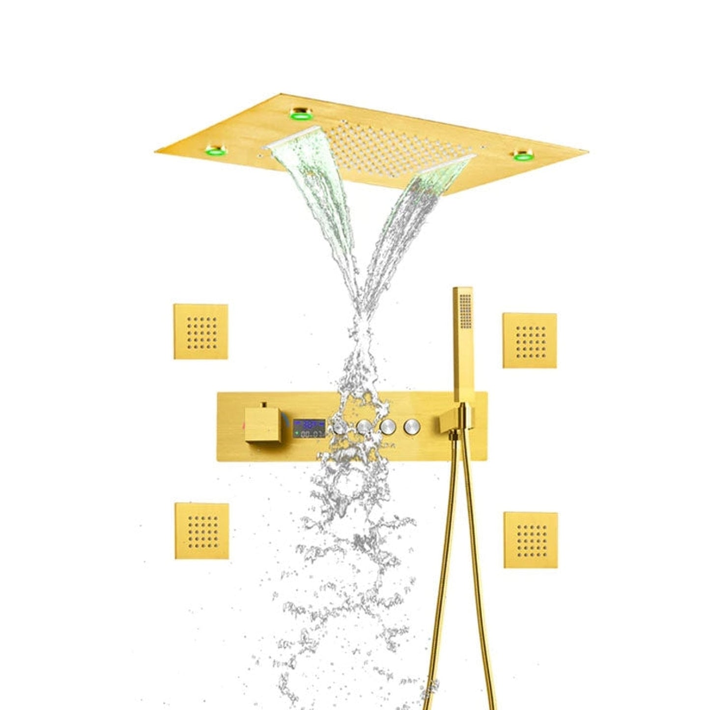 Fontana Foggia Brushed Gold Ceiling Mounted Musical Thermostatic LED Rainfall Shower System With 4-Body Jets and Hand Shower