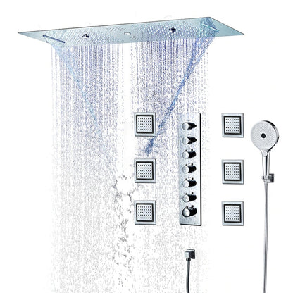 Fontana Foggia Chrome Recessed Ceiling Mounted Thermostatic Touch Panel Controlled LED Musical Rainfall Shower System With Round Hand Shower and 6-Jet Body Sprays