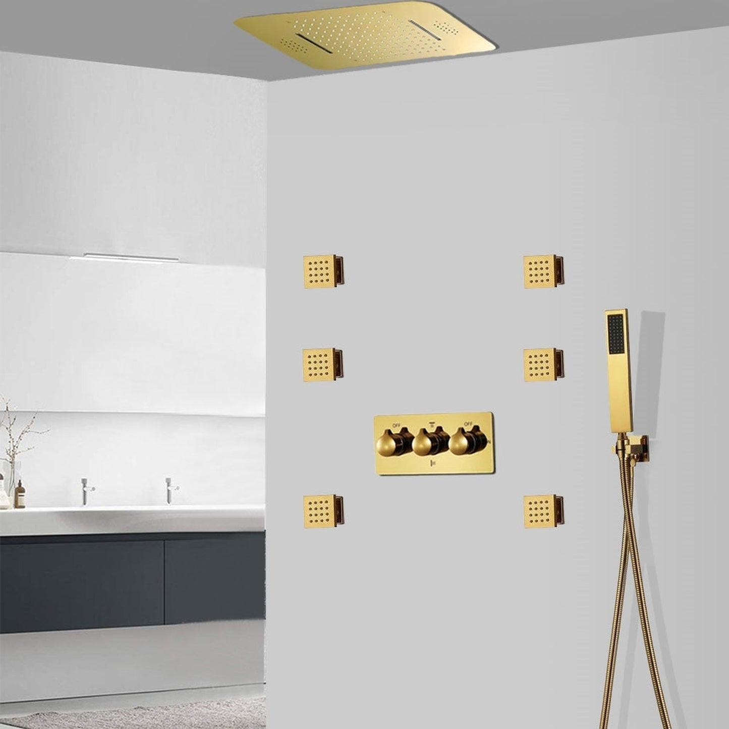 Fontana Foligno Gold Recessed Ceiling Mounted Thermostatic LED Remote Controlled Rainfall Waterfall Shower System With 6-Jet Body Sprays and Hand Shower