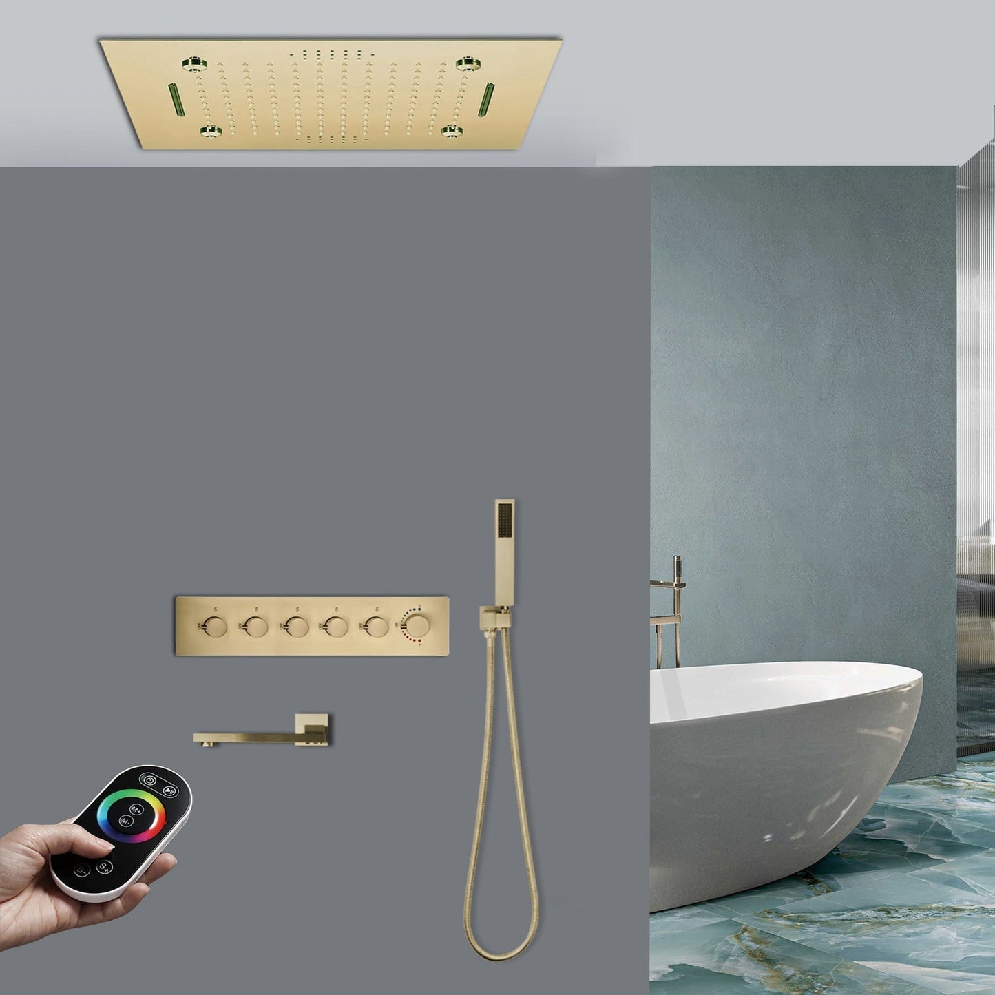 Fontana Fondi Brushed Gold Recessed Ceiling Mounted Remote Controlled Thermostatic LED Waterfall Rainfall Musical Shower System With Hand Shower