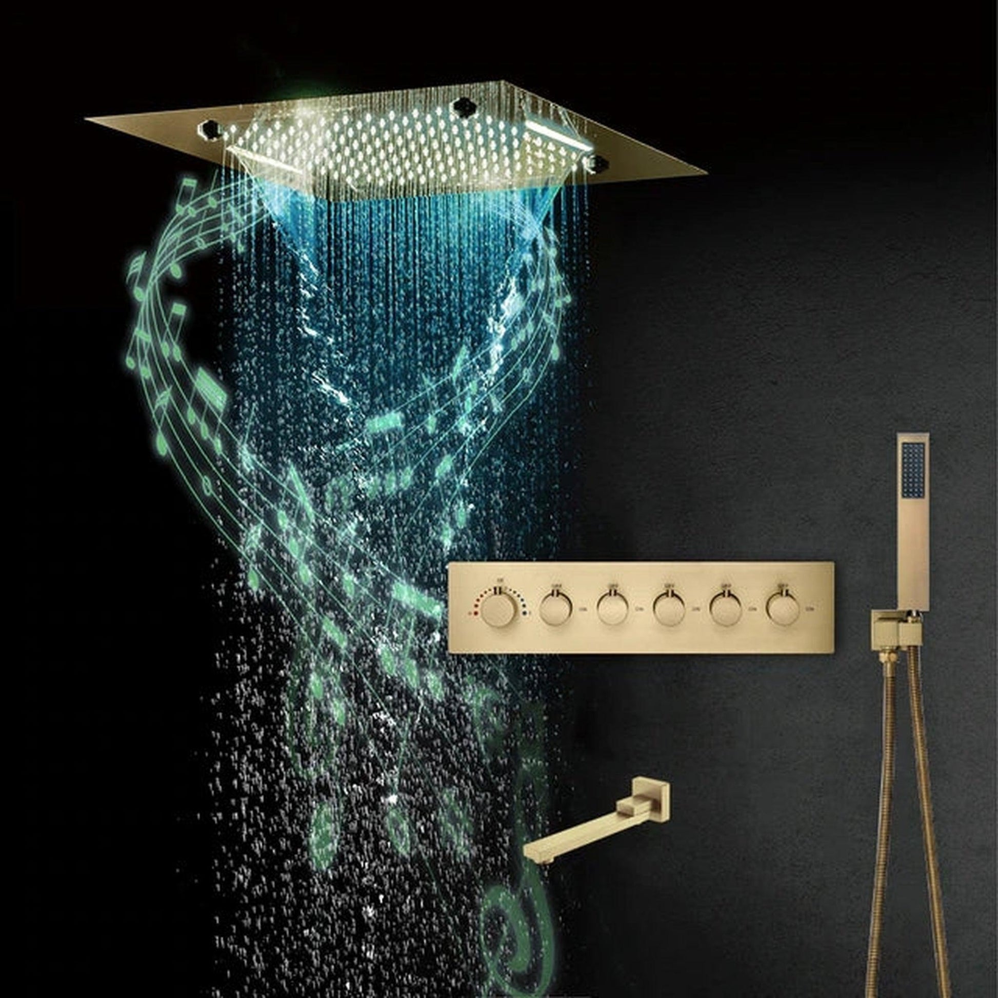 Fontana Fondi Brushed Gold Recessed Ceiling Mounted Remote Controlled Thermostatic LED Waterfall Rainfall Musical Shower System With Hand Shower