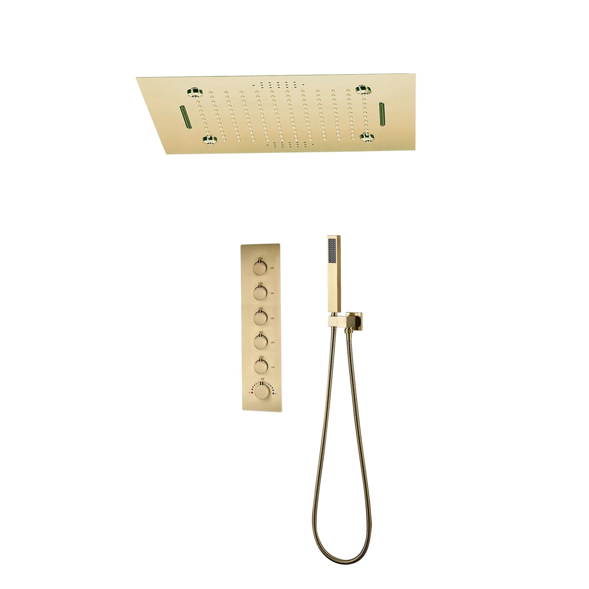 Fontana Fondi Brushed Gold Recessed Ceiling Mounted Remote Controlled Thermostatic LED Waterfall Rainfall Musical Shower System With Hand Shower