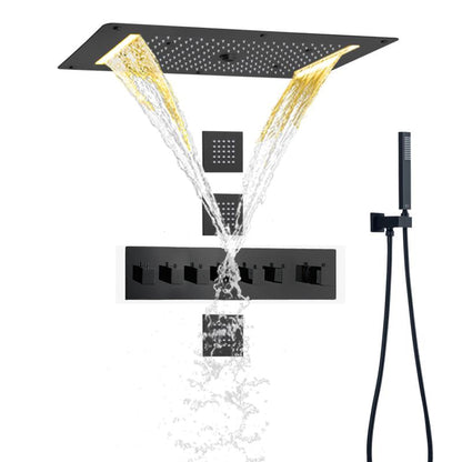 Fontana Gela Matte Black Ceiling Mounted Thermostatic LED Waterfall Rainfall Mist Water Column Shower System With Hand Shower and 3-Jet Body Sprays
